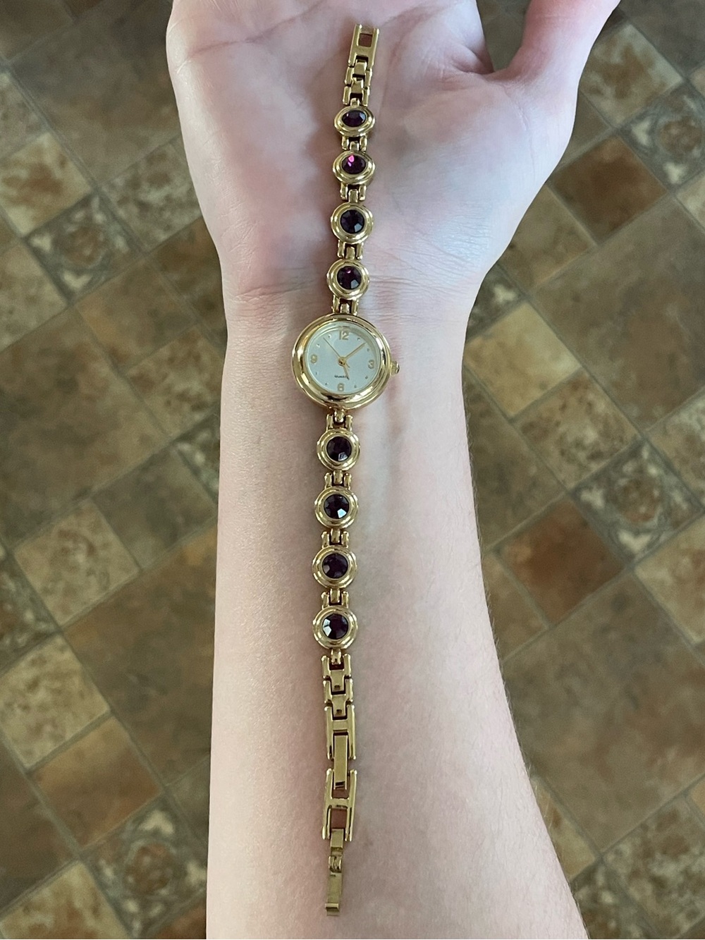 Vintage Gold Tone Women's Bracelet Watch with Purple Gem Accents